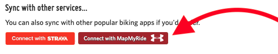 A screenshot highlighting the button to connect to MapMyRide