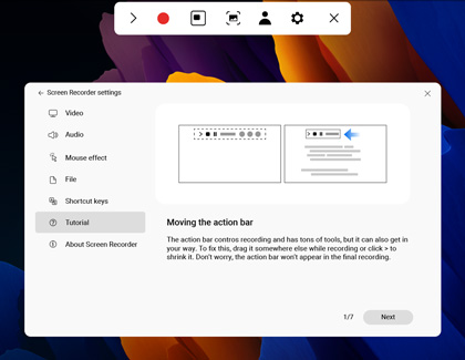 Screen Recorder settings screen showing the Tutorial