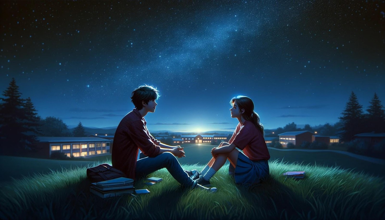 In a more intimate setting, this image portrays two teenagers sharing a quiet conversation under a starry sky, seated on a grassy hill overlooking their school. The night sky adds a layer of intimacy and wonder to the scene, symbolizing the deepening connection between the pair. Their side-by-side pose suggests mutual respect and interest, capturing the magical moments that can arise from the journey of winning over a school crush.