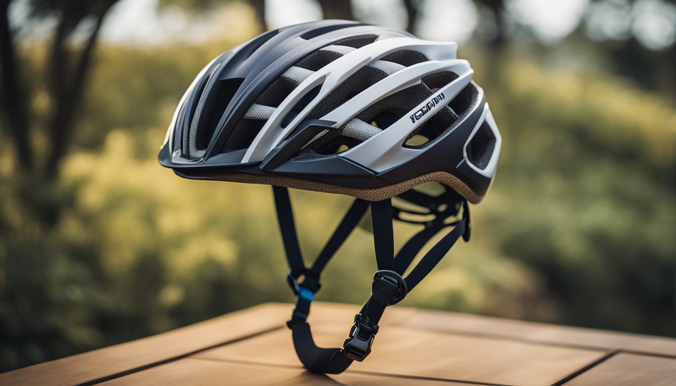 A road bike helmet and an MTB helmet are placed side by side on a table, showcasing their different designs and features