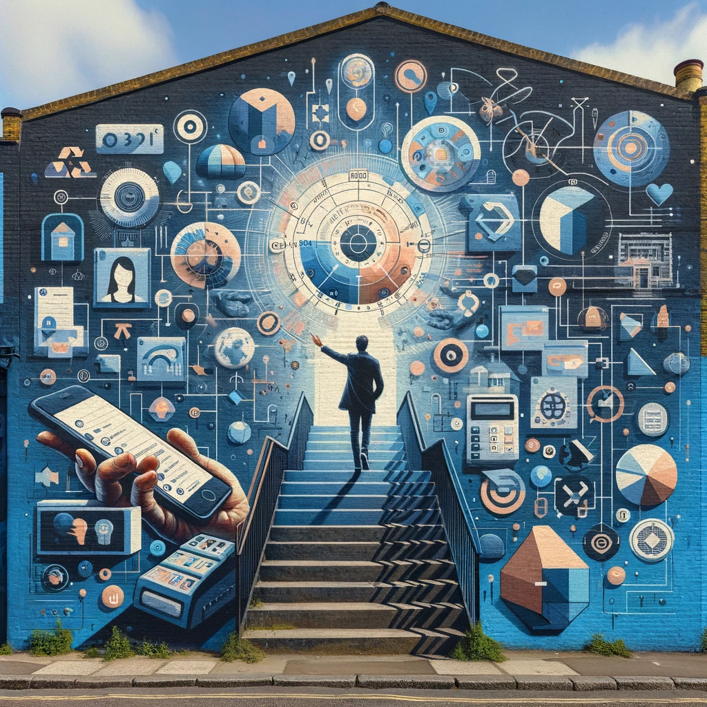 Vibrant street art mural in Hackney Wick, East London, illustrating the fusion of technology and creativity, featuring a person ascending stairs towards a colourful display of web development icons, user interface elements, and digital motifs.