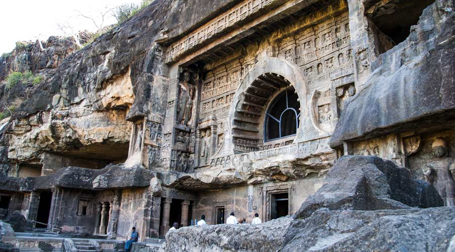 The stunning front entryway of the Ajanta Caves, India
