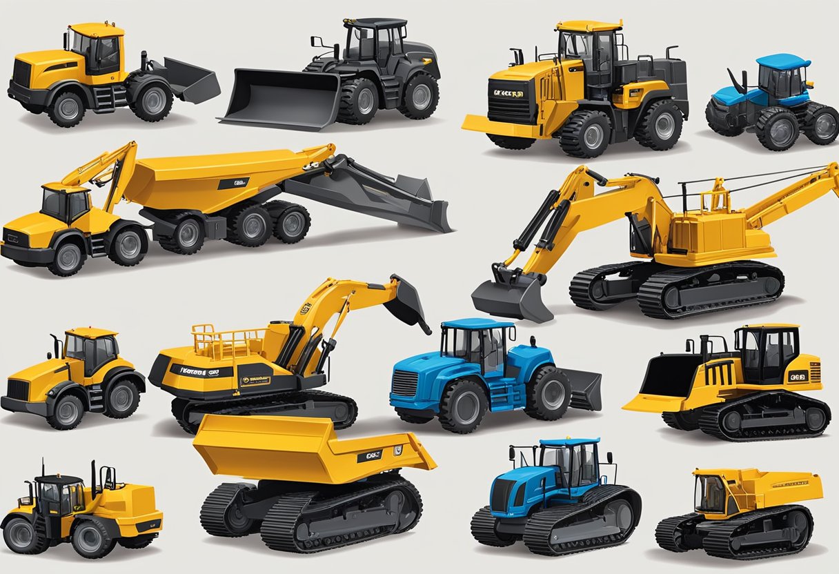 A collection of 1:50 scale diecast construction equipment, showcasing the evolution of the industry through the years. Various types of machinery, from bulldozers to cranes, are displayed in a realistic construction site setting