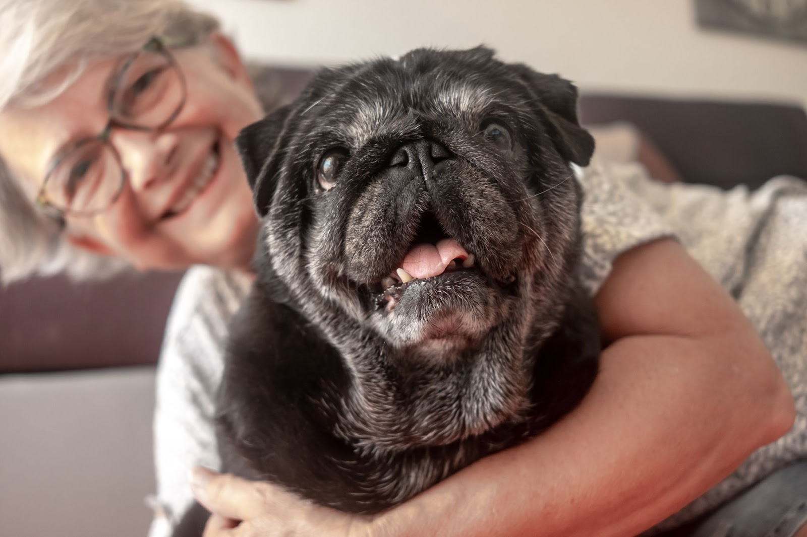 An elderly woman smiles with her arm around a black dog.