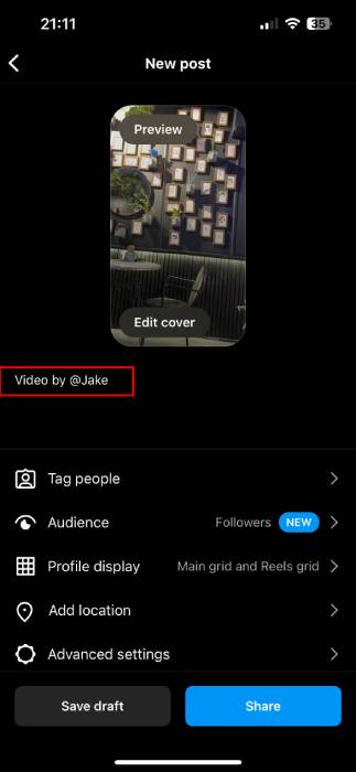 giving video credit on Instagram