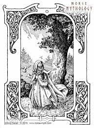 The serene setting is brought to life in this depiction of Eir, adorned in a flowing cape and elegant dress. She gracefully wanders through the peaceful wood surroundings with a bag securely fastened to her. 