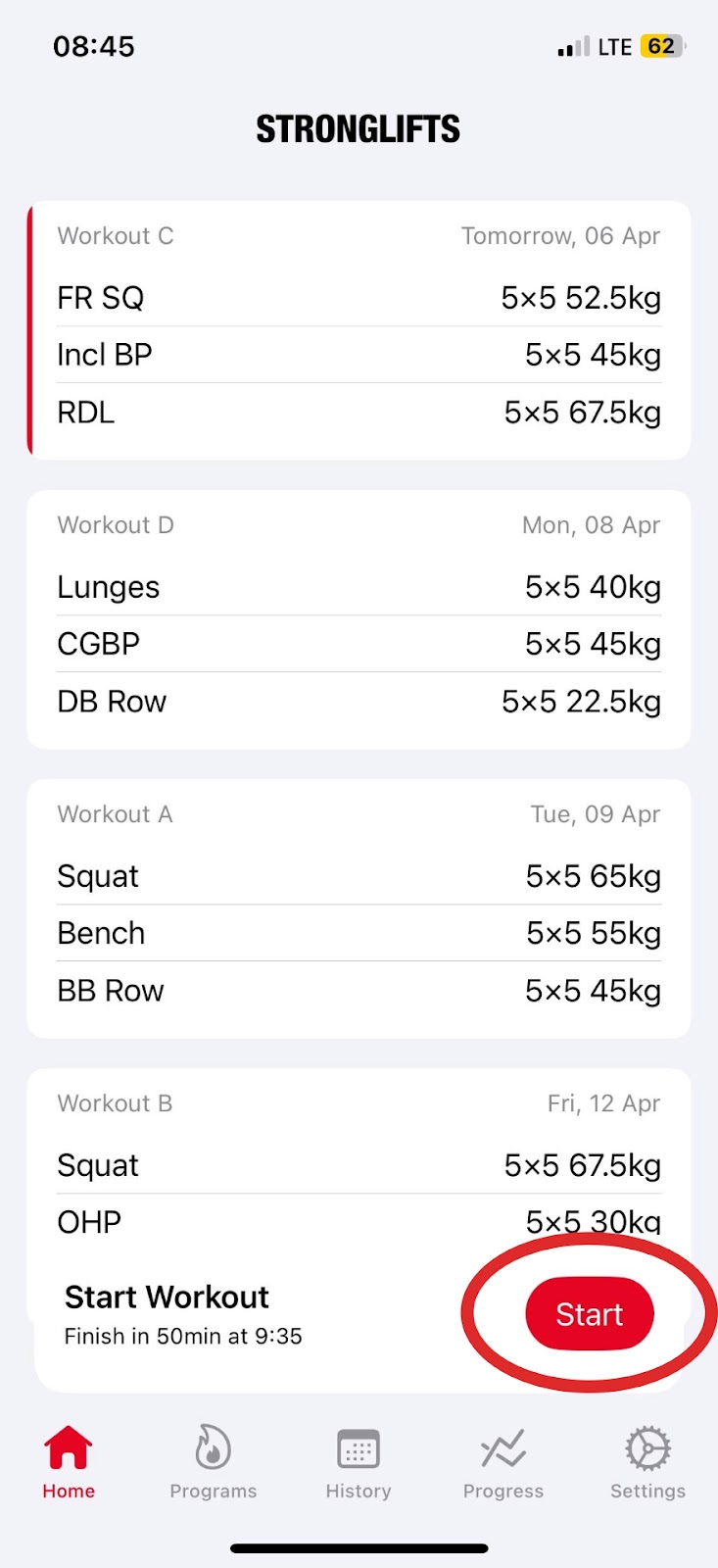 Stronglifts Weightlifting app home screen
