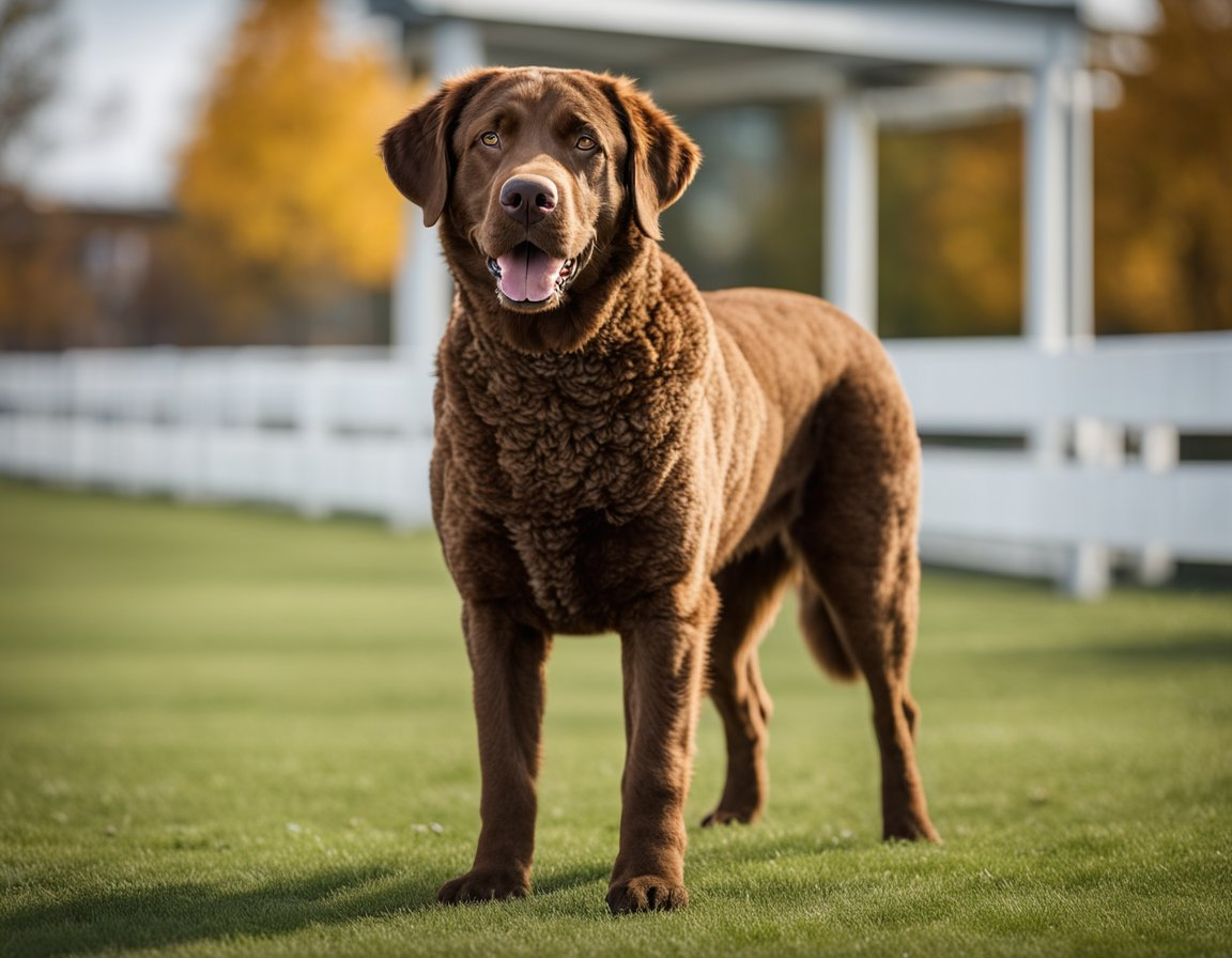 a chesapeake bay retriever standing in a grassy area