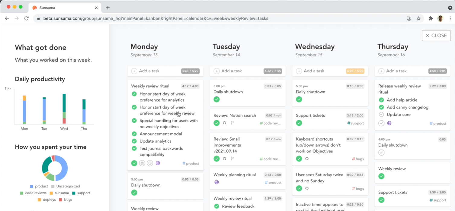 Weekly review in Sunsama