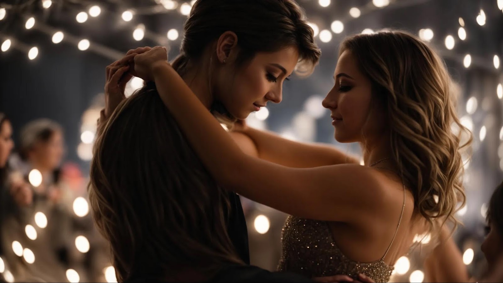 a couple dances closely under soft, twinkling lights, their eyes locked in a moment of pure connection.