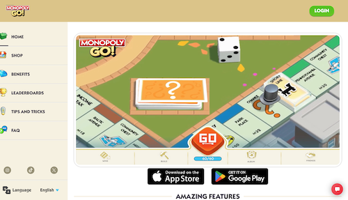 A screenshot of the Monopoly Go website showing the game board and the app's availability on both iOS and Android. 