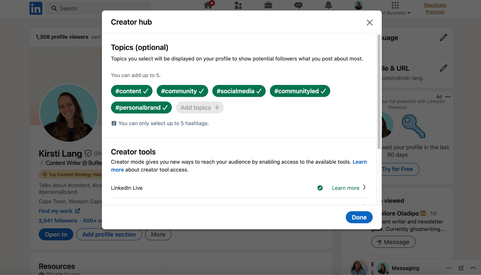 LinkedIn best practices: hashtags for a creator mode account