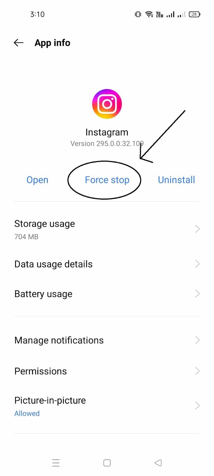 Instagram Links Not Working- Force Stop