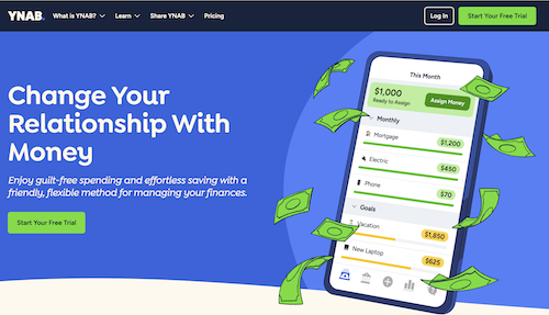 The YNAB home page featuring their "Change your relationship with money" slogan and a cell phone displaying the app. 