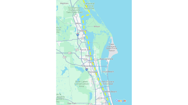 A map of the Indian River Lagoon.  A yellow-dotted line shows the route of the ICW.