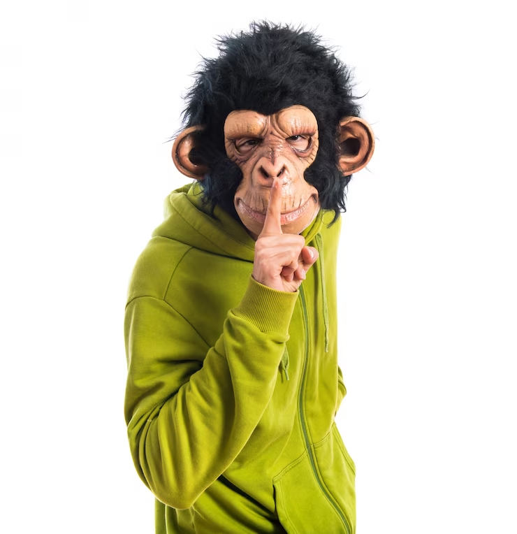 a chimp in a hoodie shushing