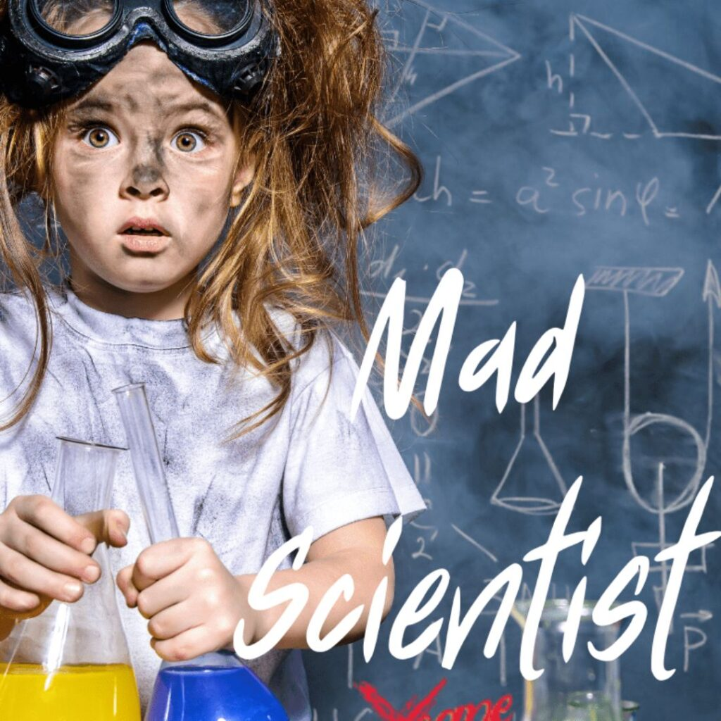 The picture shows a child working with chemicals and face dirty with some unburnt Carbon. The game relates to a scientist as depicted in the picture.