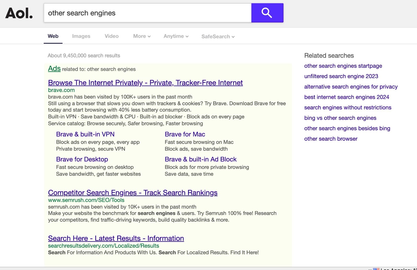 AOL search results page for “other search engines.”