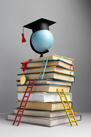 A globe with a graduation hat placed on a stack of books