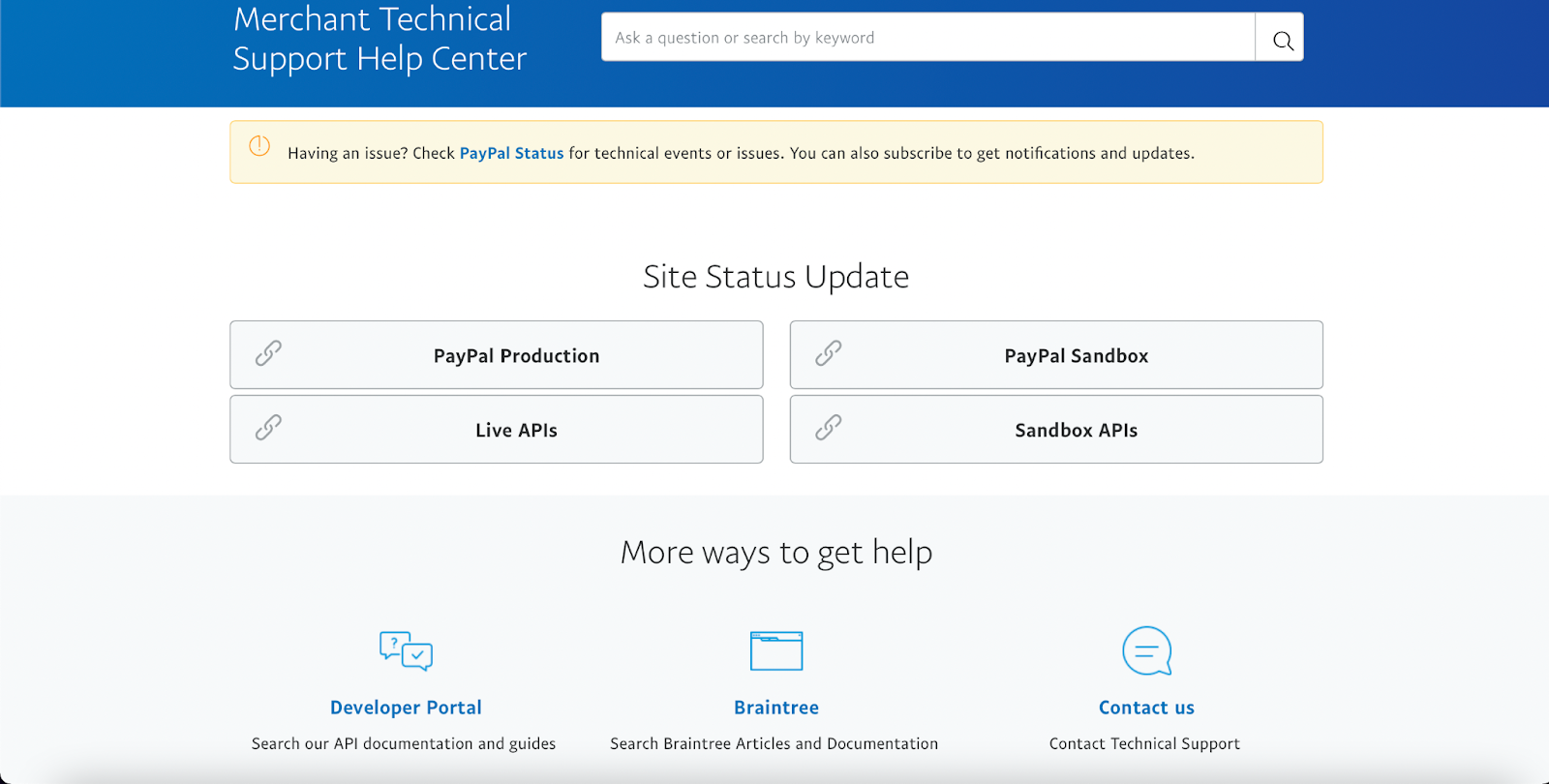Merchant Technical Support Help Center Page