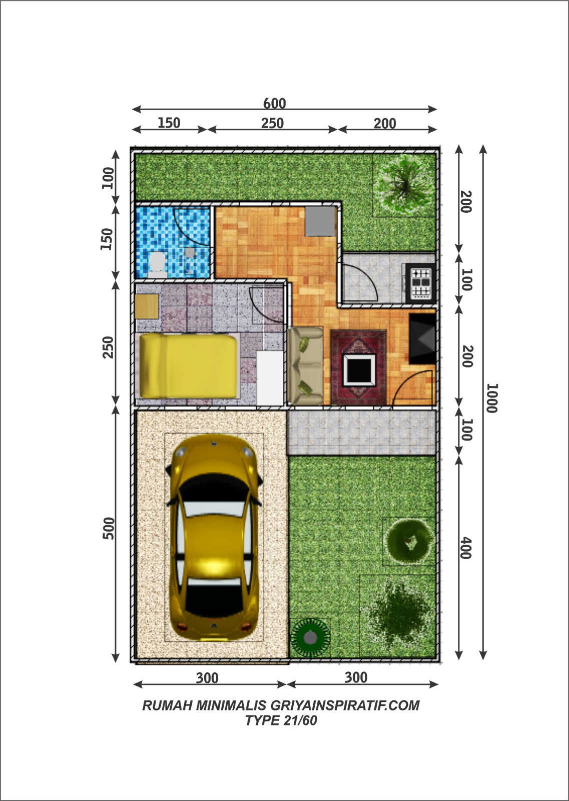 Denah rumah tipe 21 minimalis modern. (Sumber: griyainspiratif.com)