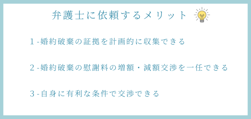 弁護士に依頼するメリット
証拠収集を計画的に行える
婚約破棄の慰謝料の増額減額交渉
有利な条件で交渉できる