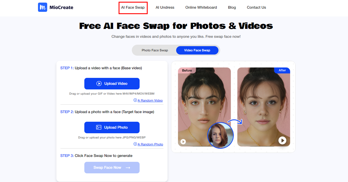 Visit MioCreate and Click AI Face Swap