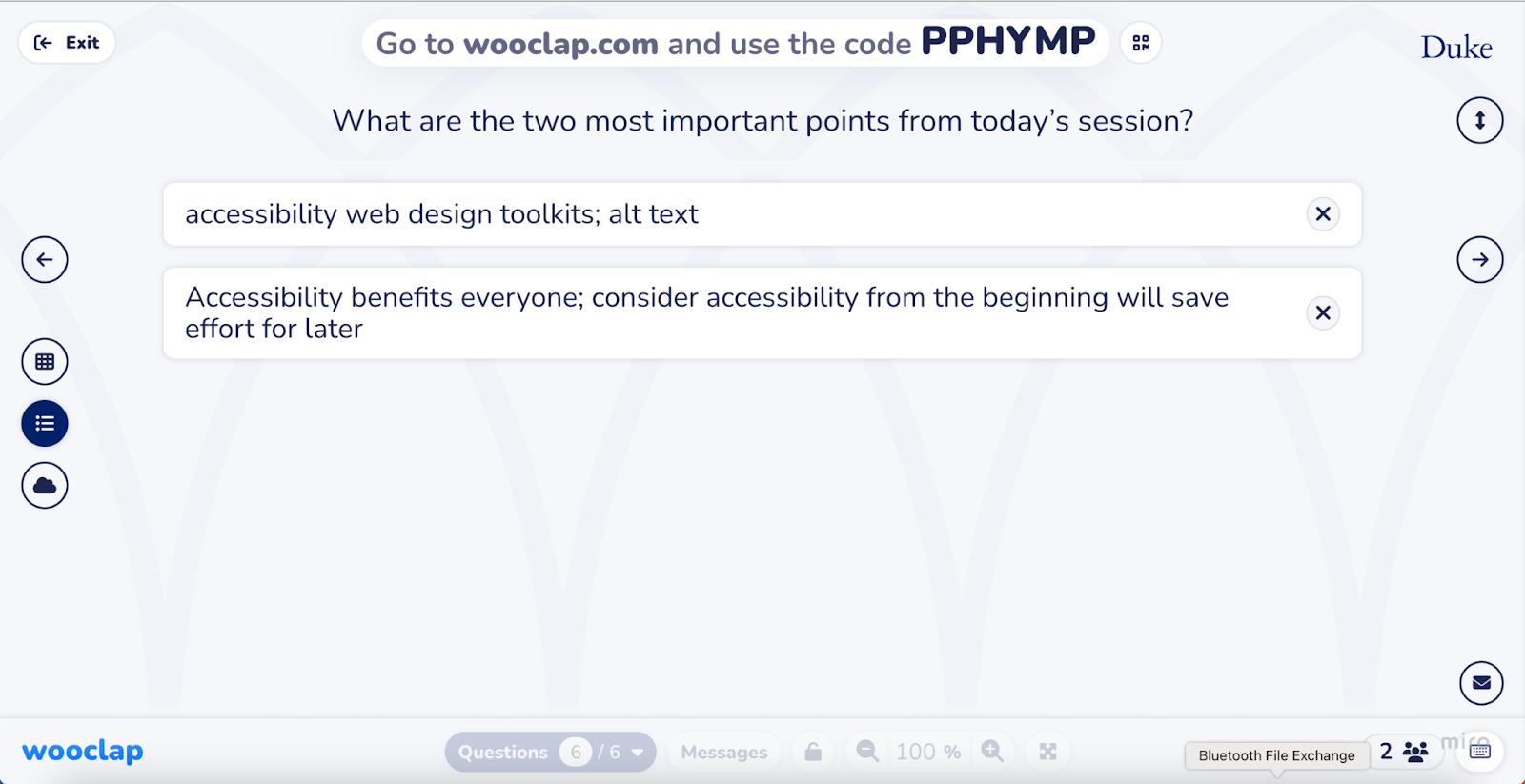 The screenshot displays a question on the top: "What are the two most important points from today's session?" Two participant responses are shown below.