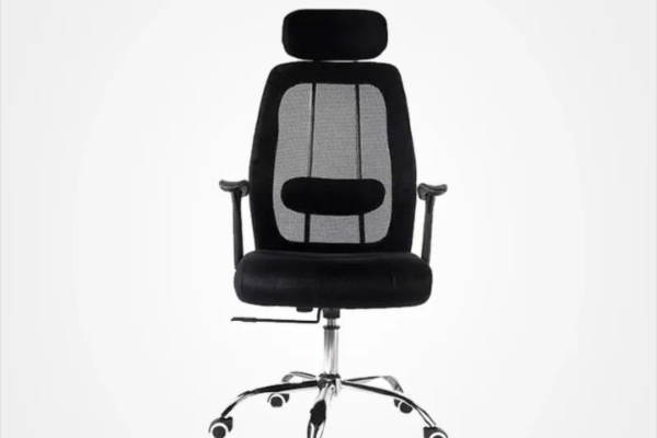 Black fabric office chair with breathable mesh backrest and headrest, high back, and reclining function