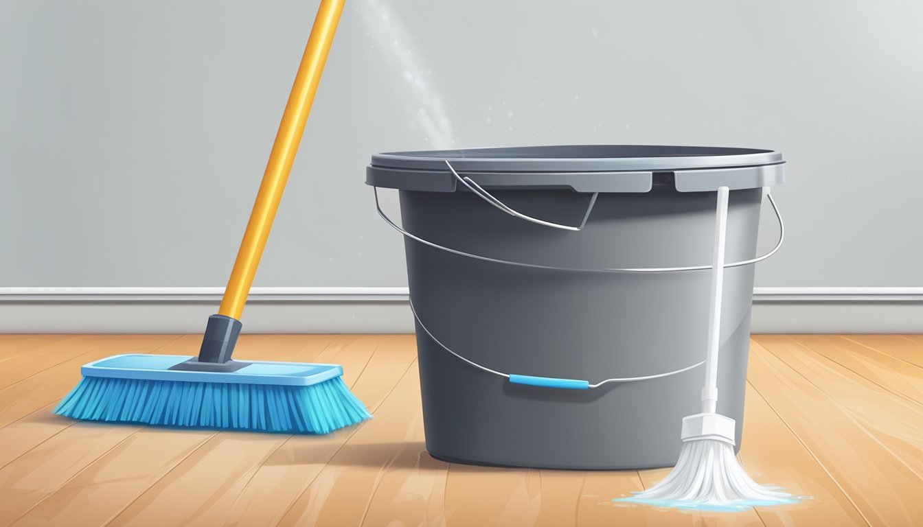 A bucket with soapy water and a mop on a vinyl floor. A bottle of floor cleaner and a soft-bristled brush nearby