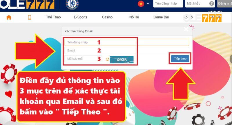 Điền thông tin để xác thực tài khoản qua Email