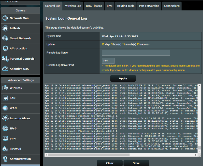 A screenshot of a system log displaying connections made