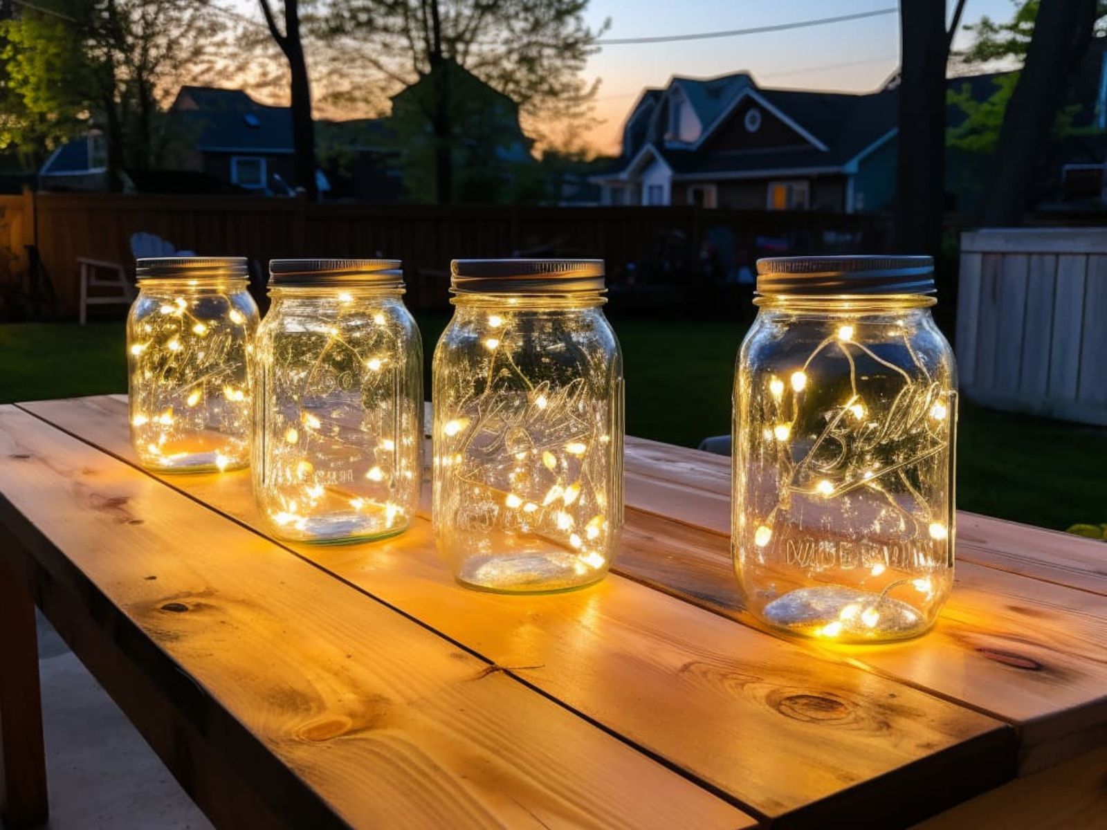 A backyard table decorated with mason jar lights