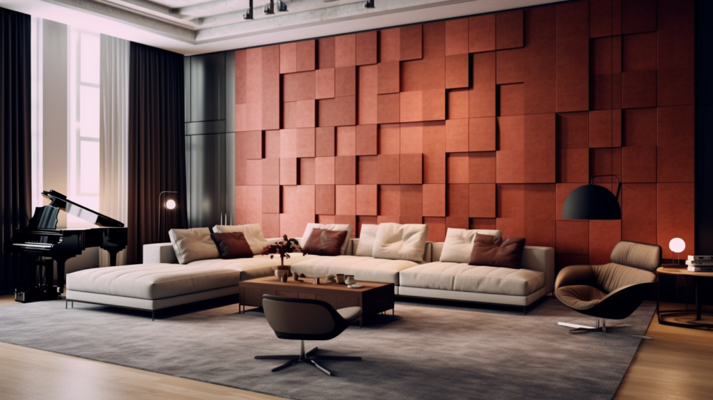 Luxurious living room adorned with flat acoustic panels, featuring polyester-felt texture for optimal sound absorption