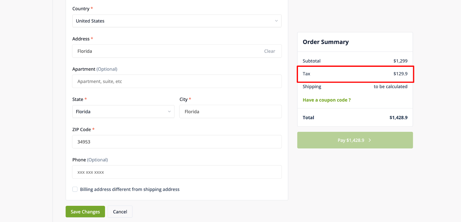A screenshot to show how taxes work on the checkout page