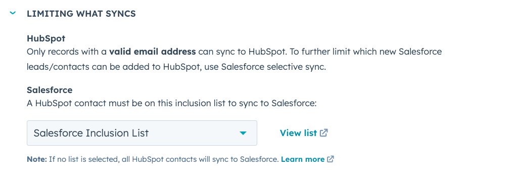 Screenshot of. the HubSpot Inclusion List settings in the HubSpot Salesforce integration