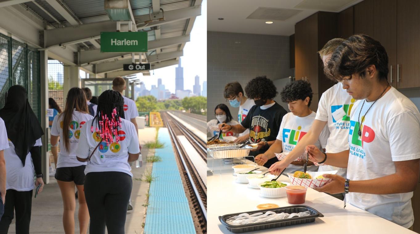 Two photos side by side. In the left photo, FLIP students walk along the CTA Green Line platform. In the right photo, students serve themselves lunch at The Hatchery.