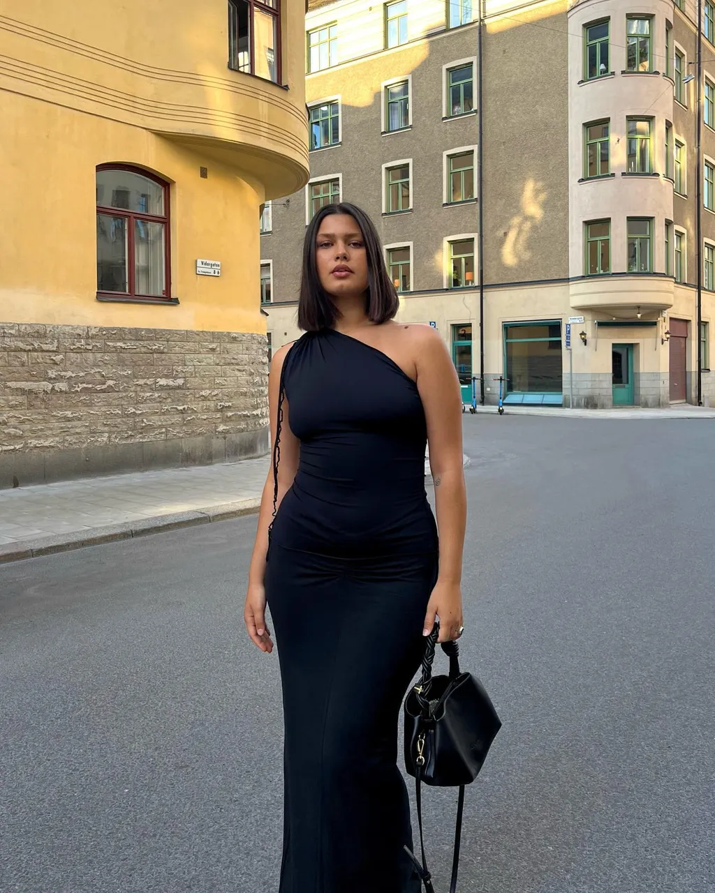One-Shoulder Black Dress + Top-Handle Bag