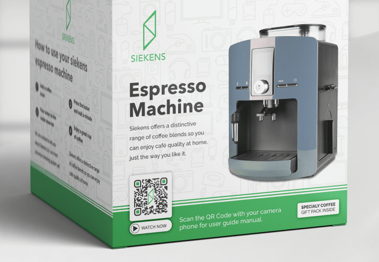 A product packaging for an espresso machine with a QR Code that displays user guide instructions in video format.