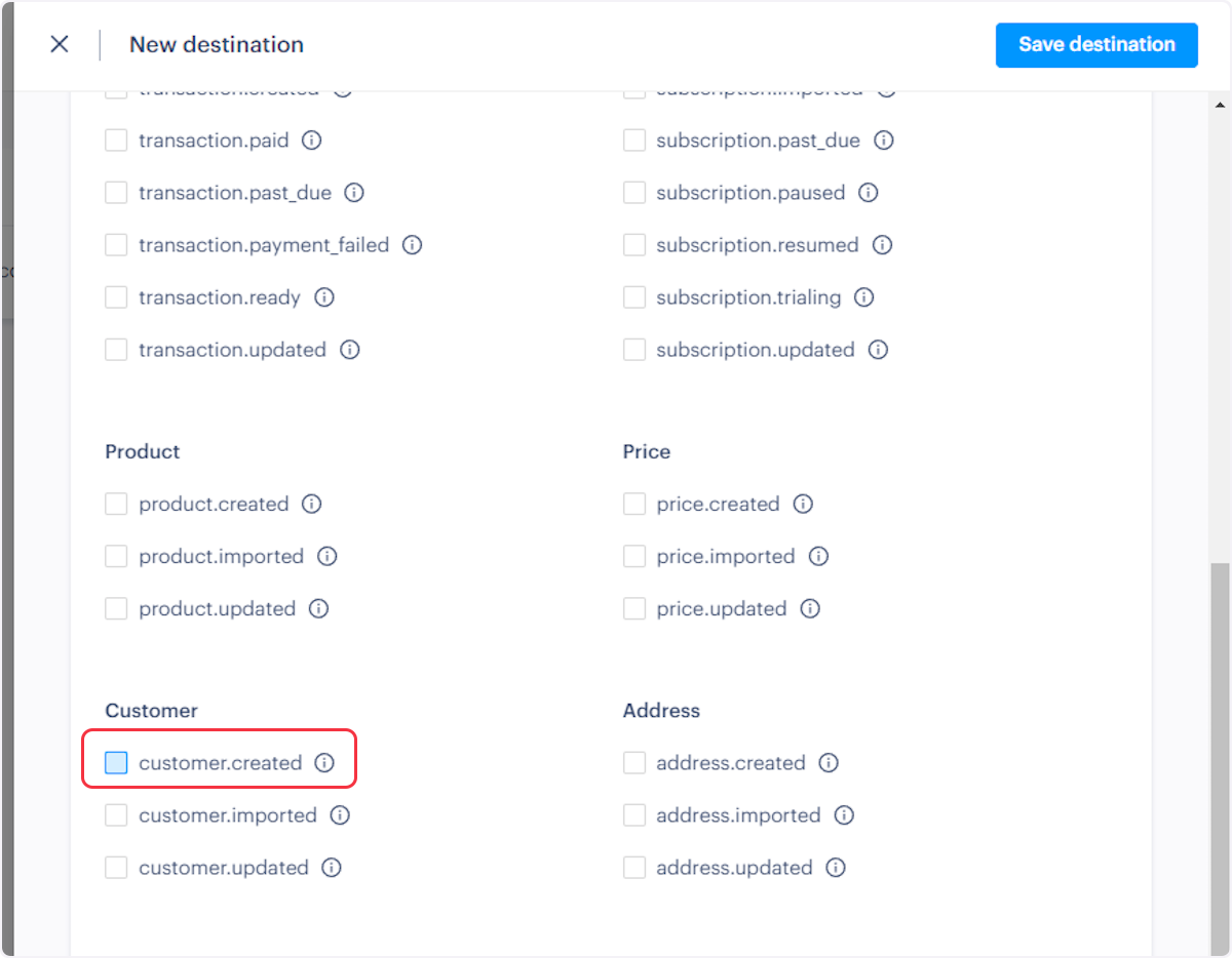 Now, scroll down and select the event related to your trigger. For example, if you're setting up a webhook for the "Customer Created" trigger, choose the "customer.created" event from the 'Customer' section.