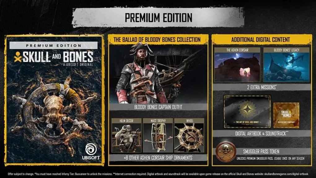 A promotional image of the premium edition bonuses for Skull and Bones.