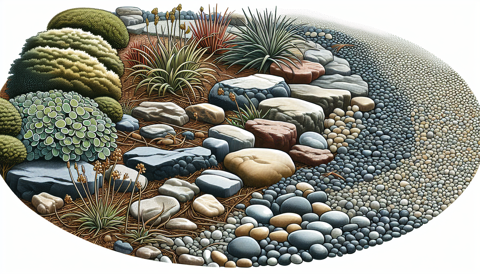 Illustration of stone and gravel mulch in a garden