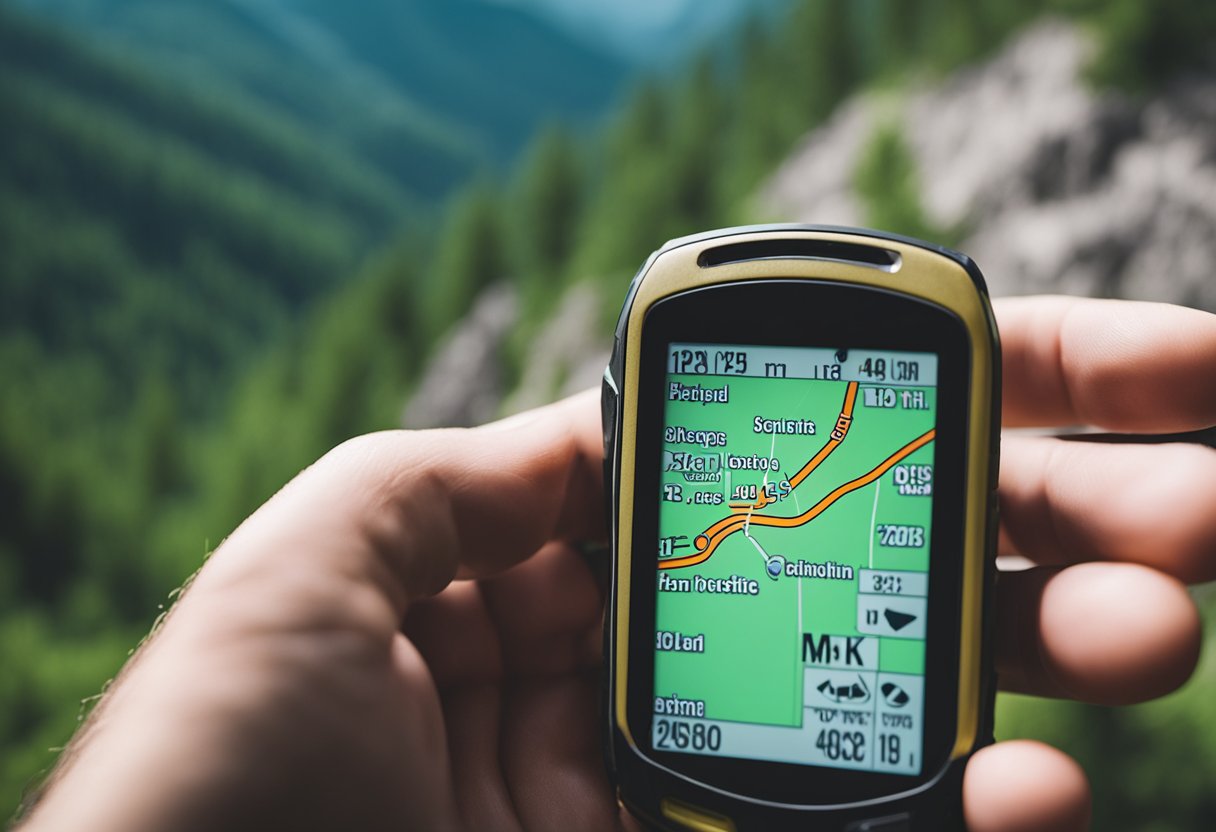 A hand holds a hiking GPS against a backdrop of forested mountains and a winding trail