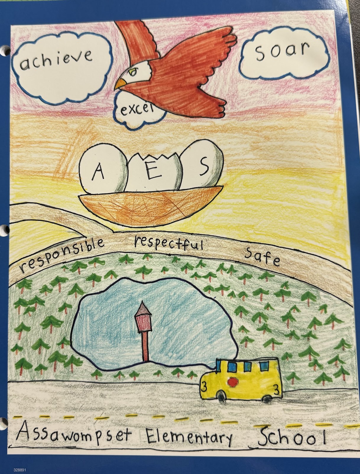 image of last year's winner of the agenda cover contest a drawing of AES a school bus and bird with text of achieve, soar, excel