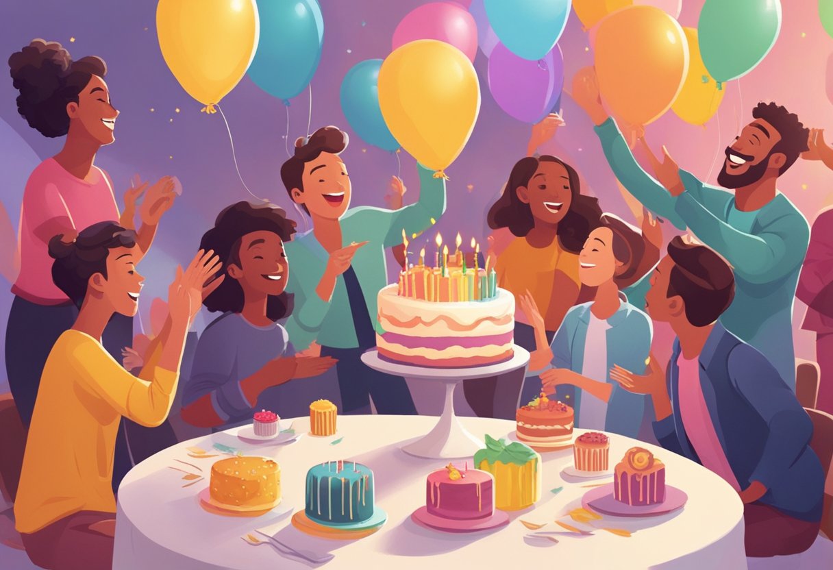 Colorful balloons, a festive cake, and a group of friends gathered around a table, singing and clapping in celebration