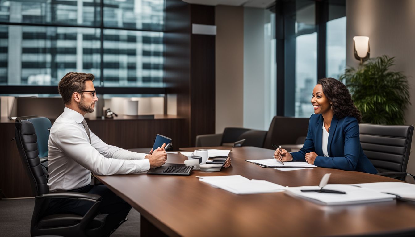 An executive and client discussing business in a professional meeting.