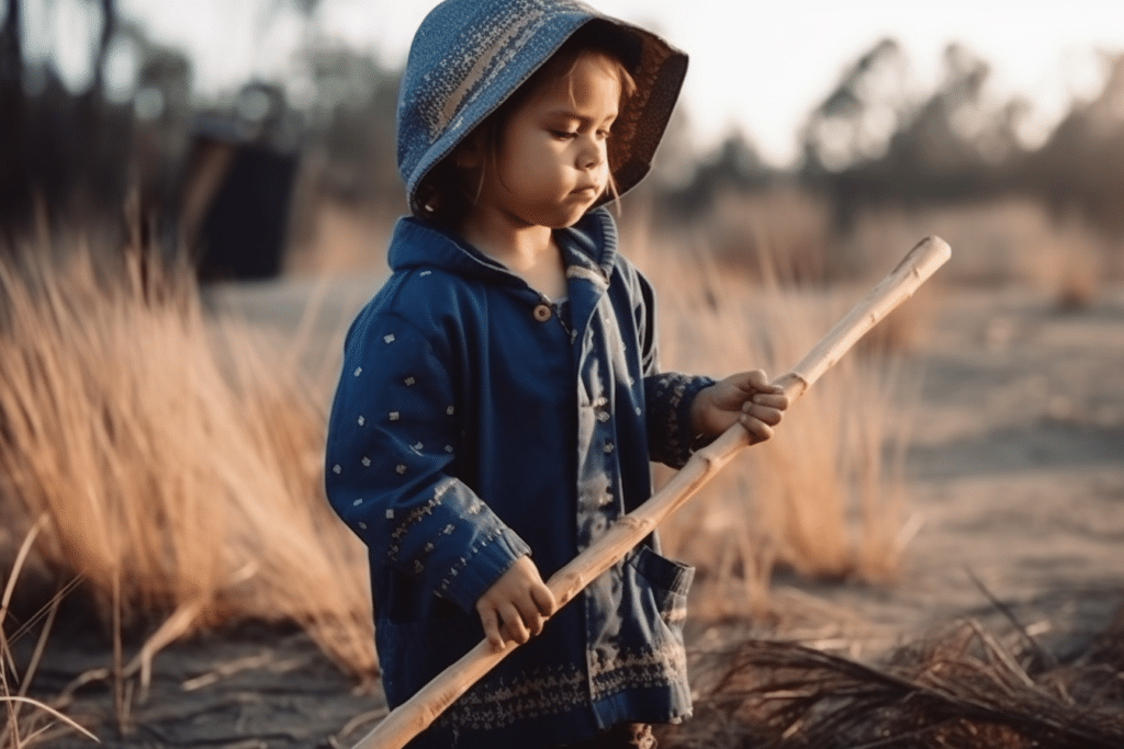 Kid making a Tee-Pee for the campfire