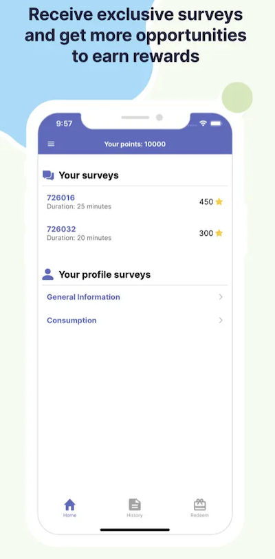 A cell phone displaying the Ipsos iSay app showing total points earned as well as avaiable surveys and how long they should take. 