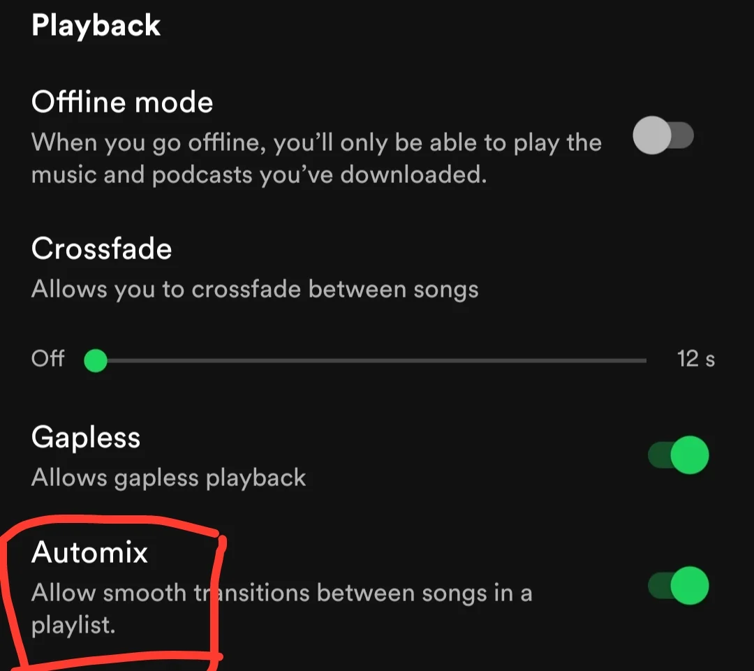 Spotify Playback settings screenshots, the Automix feature is highlighted in red
