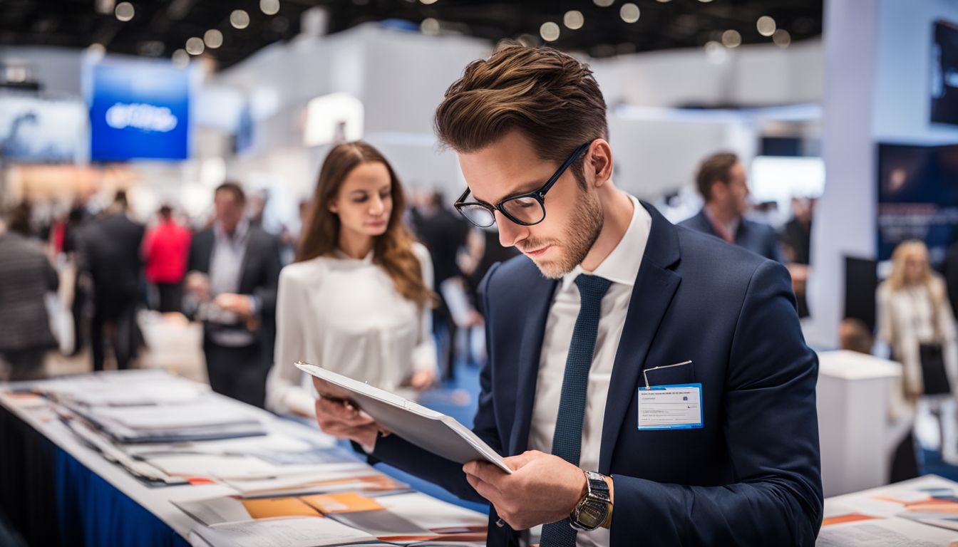 A business professional studying trade show materials at a busy convention center.
